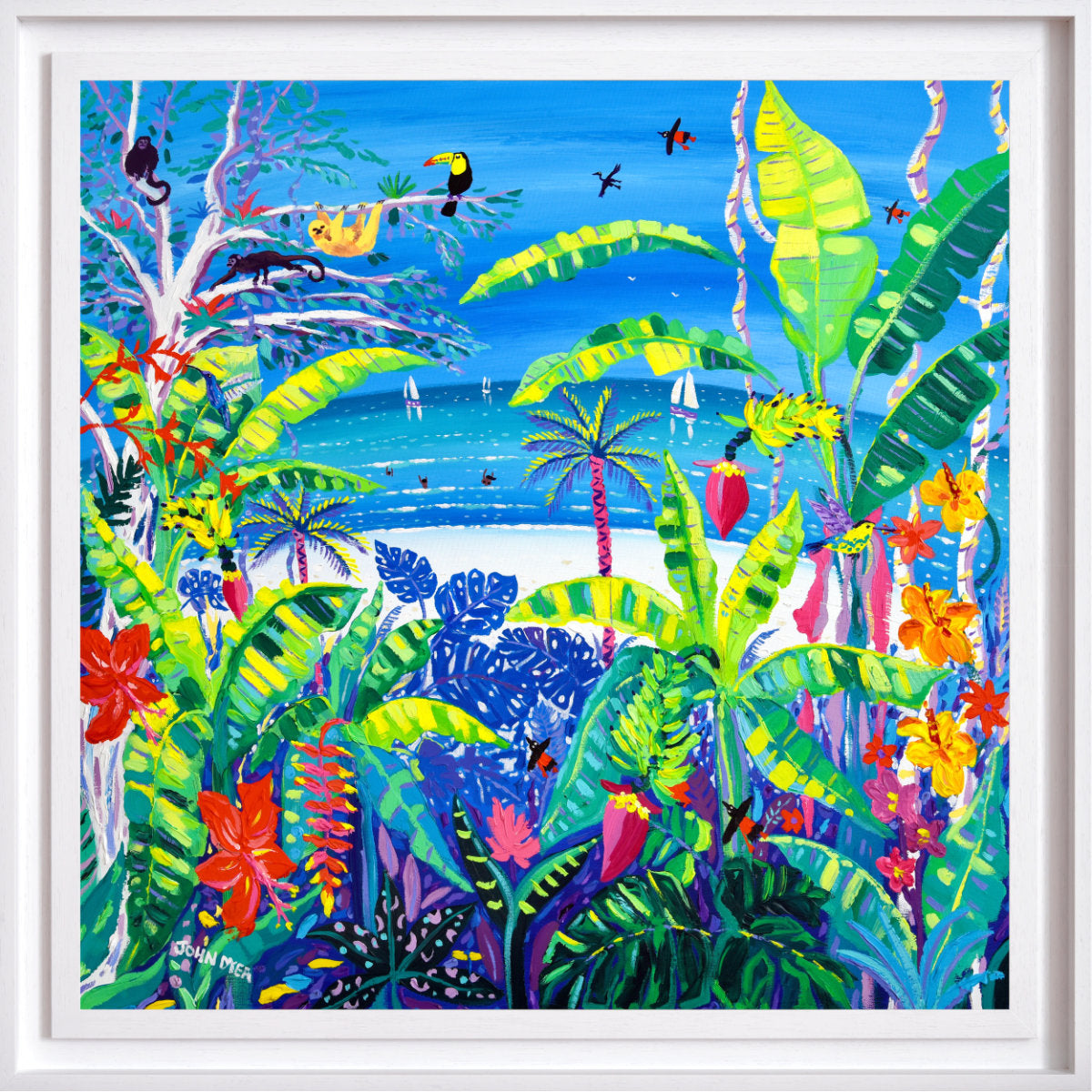 Colorful tropical scene with animals and plants, framed in white. 'Tropical Banana Wildlife Beach, Costa Rica', 35.5 x 35.5 inches acrylic on canvas. John Dyer Painting of the Caribbean.