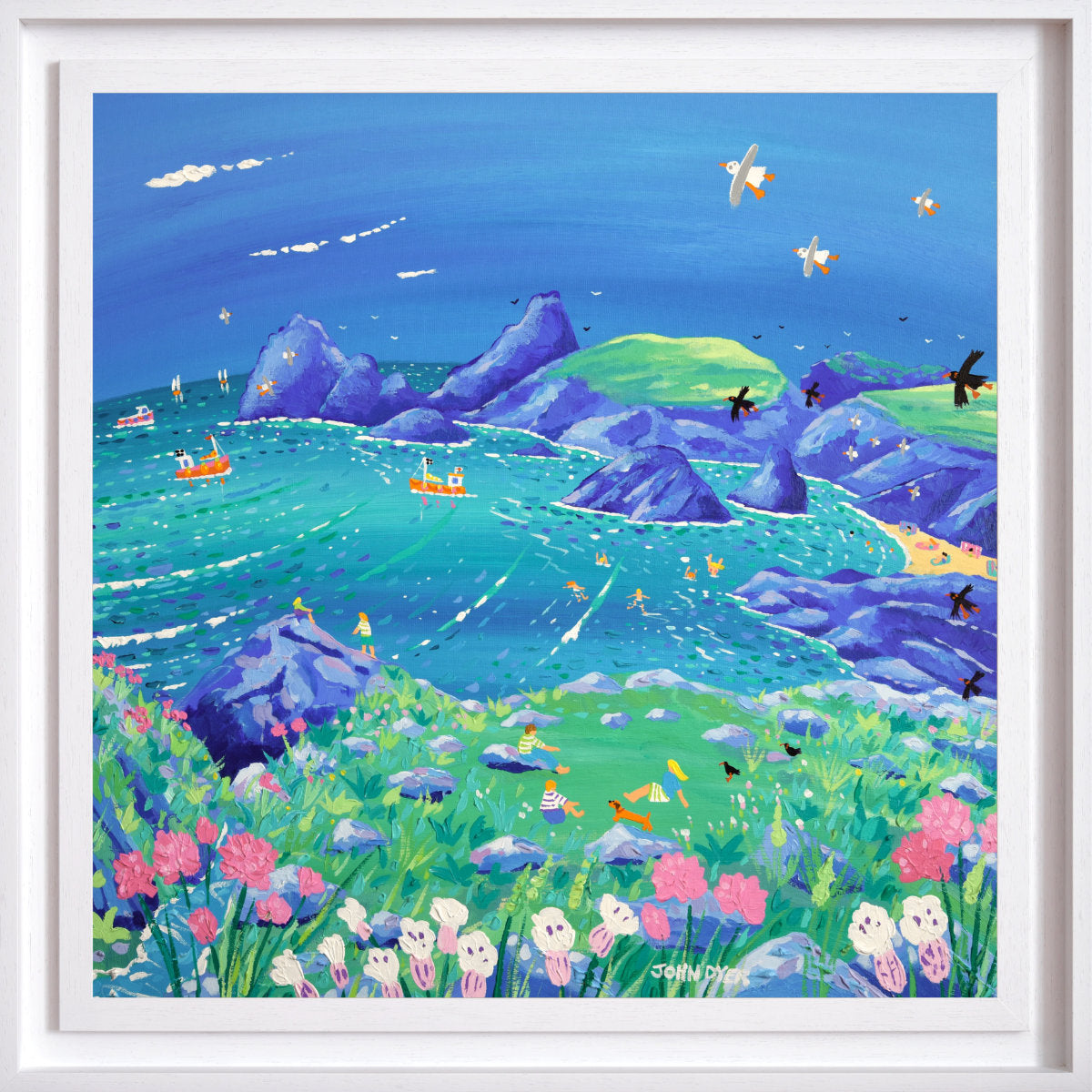 'Relaxing on the Cliffs, Kynance Cove', 30 x 30 inches acrylic on canvas. Cornish Coastal painting by Cornish Artist John Dyer