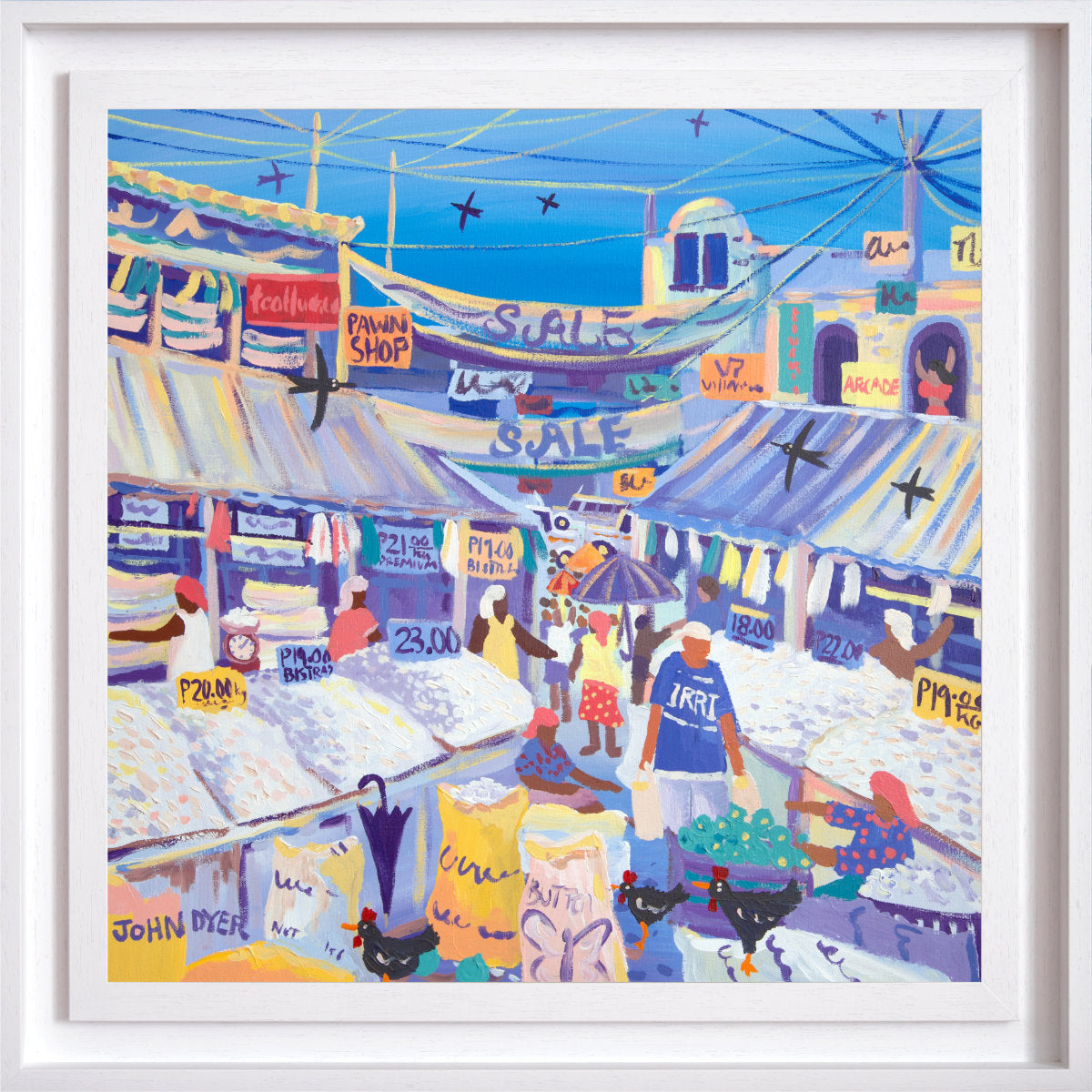 Colorful painting of a bustling market scene with people and stalls. 'The Rice Market, Los Baños, the Philippines'. 24x24 inches acrylic on canvas. Paintings of Philippines by John Dyer from our Online Art Gallery