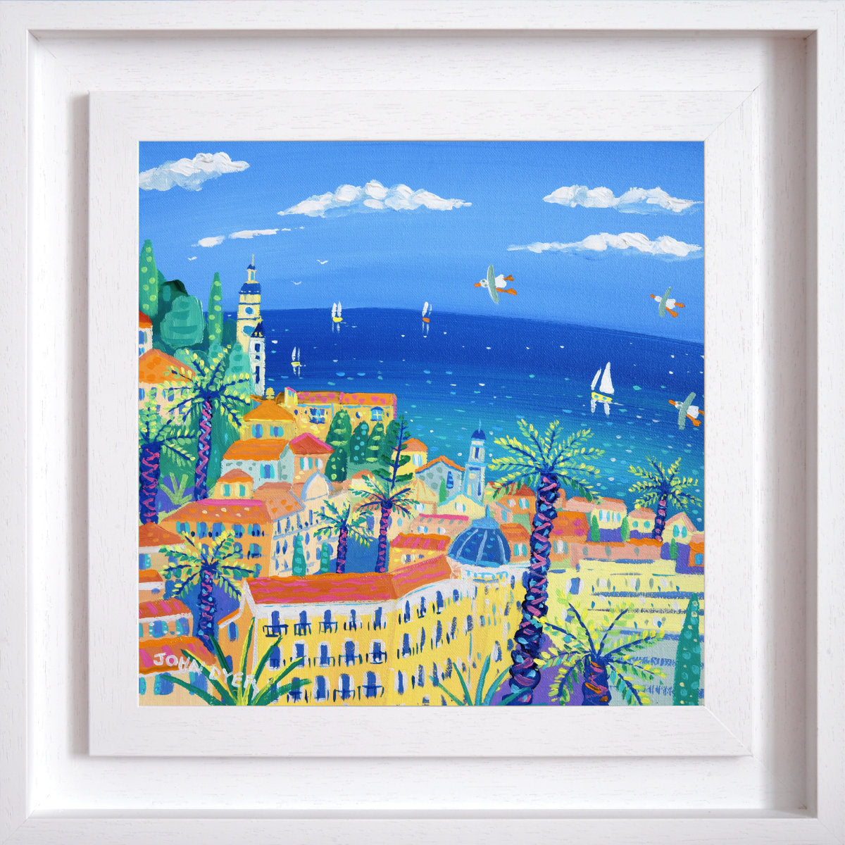 Colorful painting of a coastal town with houses, palm trees, and boats on a blue sky background. 'View from the Winter Palace, Menton'. 12 x 12 inches acrylic on canvas. Painting of the South of France by John Dyer