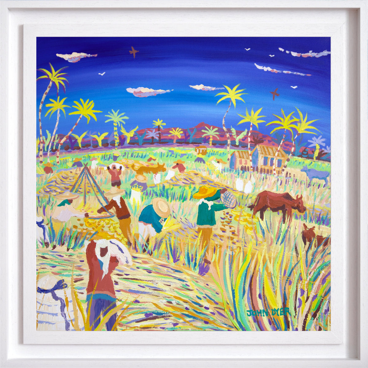 Colorful painting of a tropical scene with people, animals, and palm trees. 'Winnowing in the Wind, the Philippines Rice Harvest'. 24x24 inches acrylic on canvas. Paintings of Philippines by John Dyer from our Online Art Gallery
