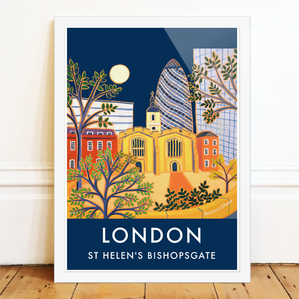 Vintage Style Travel Poster Print by Joanne Short of The Gherkin Building & St Helen's Bishopsgate Church, London
