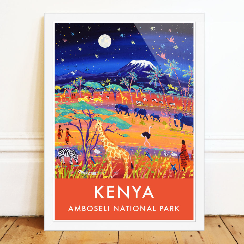 African Art Wall Art Poster Print by John Dyer. Amboseli Giraffe, Maasai, Elephants, Mount Kilimanjaro 