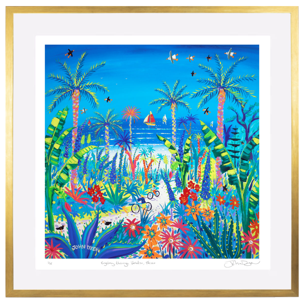 'Cycling through Paradise, Tresco'. Framed Special Limited Edition Print by John Dyer. Gold frame.
