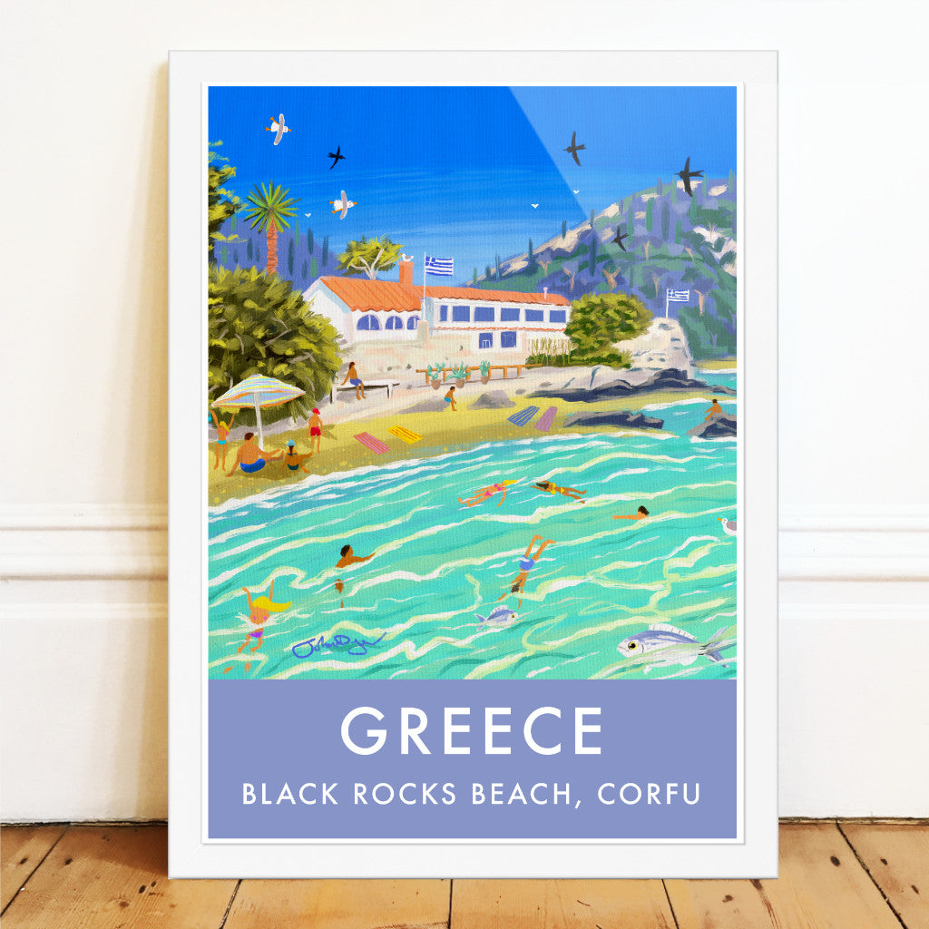 Greece Artwork Wall Art Poster Print by John Dyer. Sunlit Waters at Black Rocks Beach Corfu, Greece