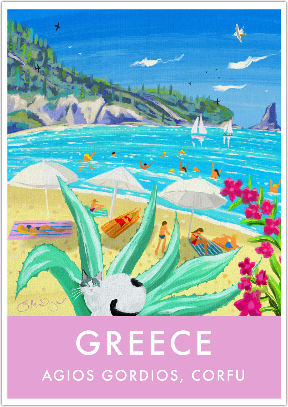 Greece Artwork Wall Art Poster Print by John Dyer. Beachside Bliss in Corfu, Greece