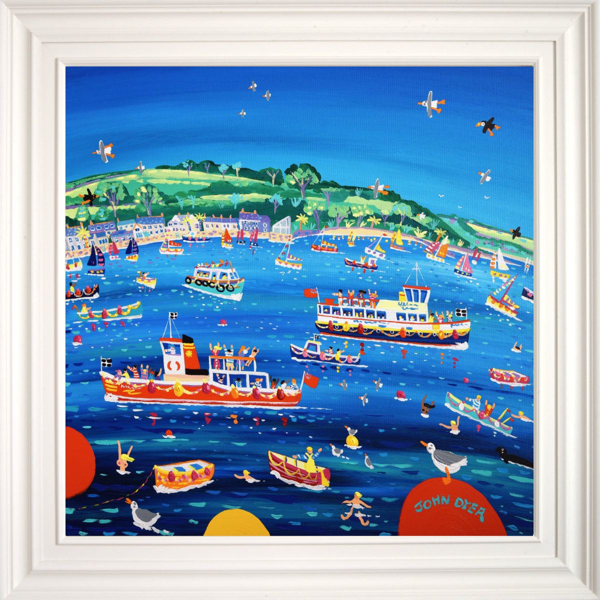 &#39;Blue sky and Ferry Boats, Greenbank, Falmouth&#39;, 30 x 30 inches acrylic on canvas. Coastal Paintings of Cornwall by Cornish Artist John Dyer