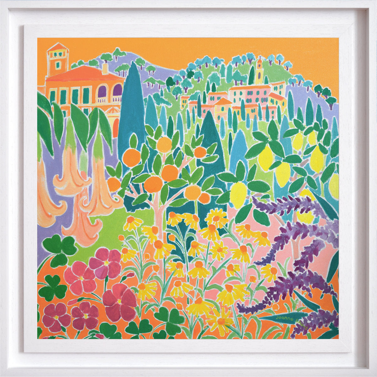 Original Painting by Joanne Short. 'Singing and Zinging, Hanbury Garden, Italy'. 24 x 24 inches oil on canvas