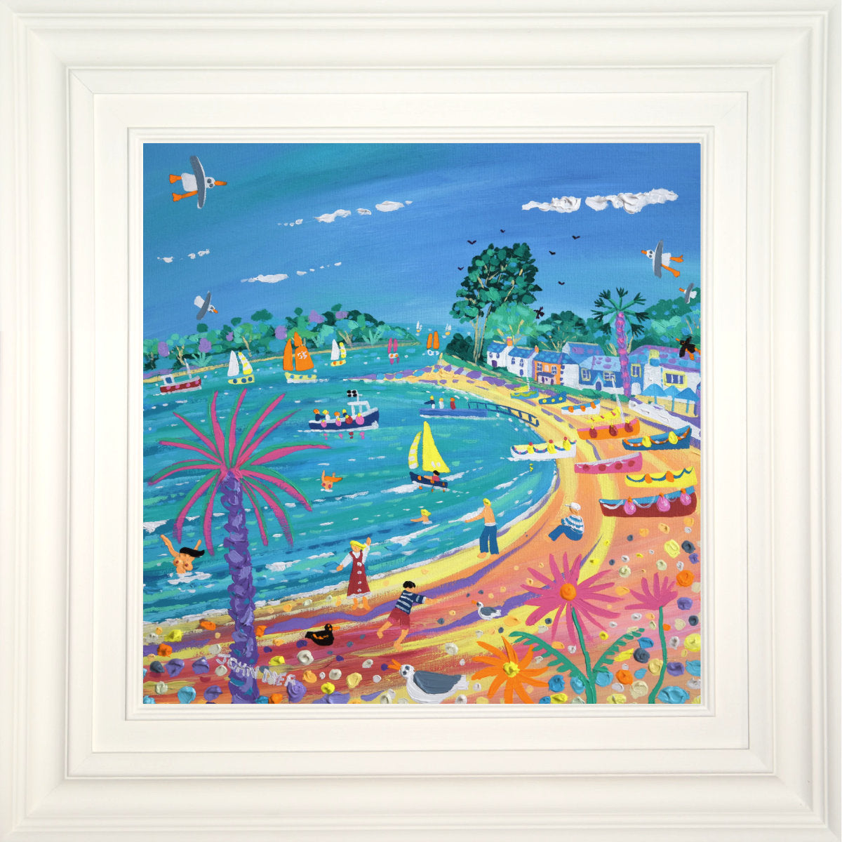 'Sun, Sand and Sailboats Helford Passage', 18x18 inches acrylic on canvas. Cornish Coastal Art Painting by British Artist John Dyer.