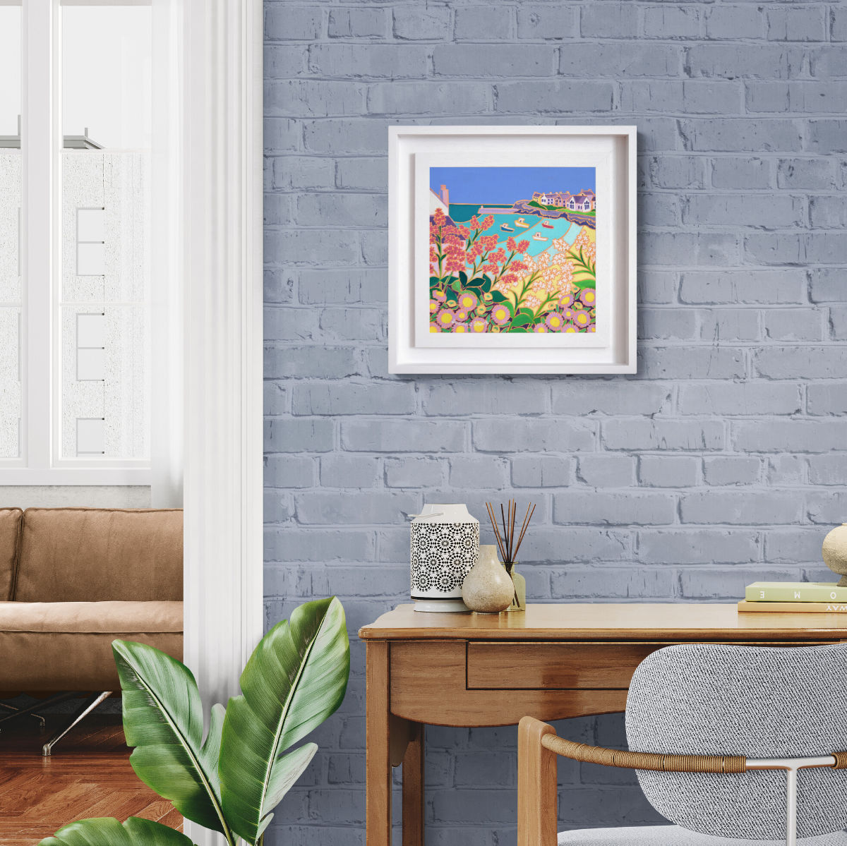 'Flowers Growing on the Wall, Port Isaac'. 12x12 inches Original Oil Painting on Canvas by Cornish Artist Joanne Short