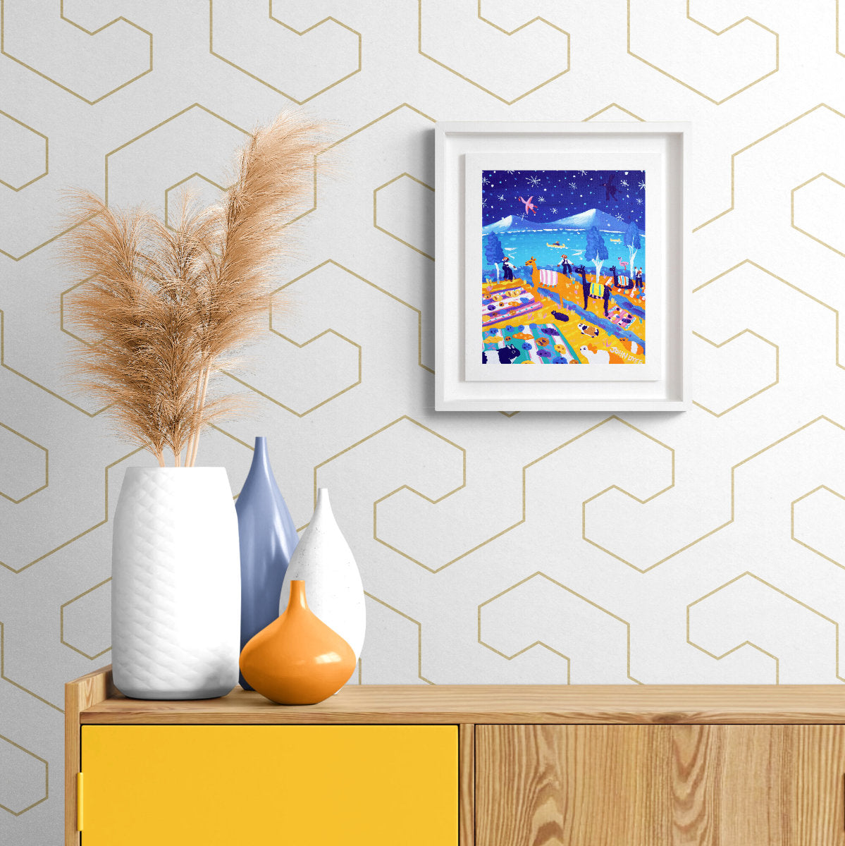 Decorative setting with vases on a yellow cabinet against a geometric-patterned wall. 'Guinea Pigs and Snow Flurries at Lake Titicaca, Peru’, 12x10 inches acrylic on canvas. Painting of Peru by British Artist John Dyer