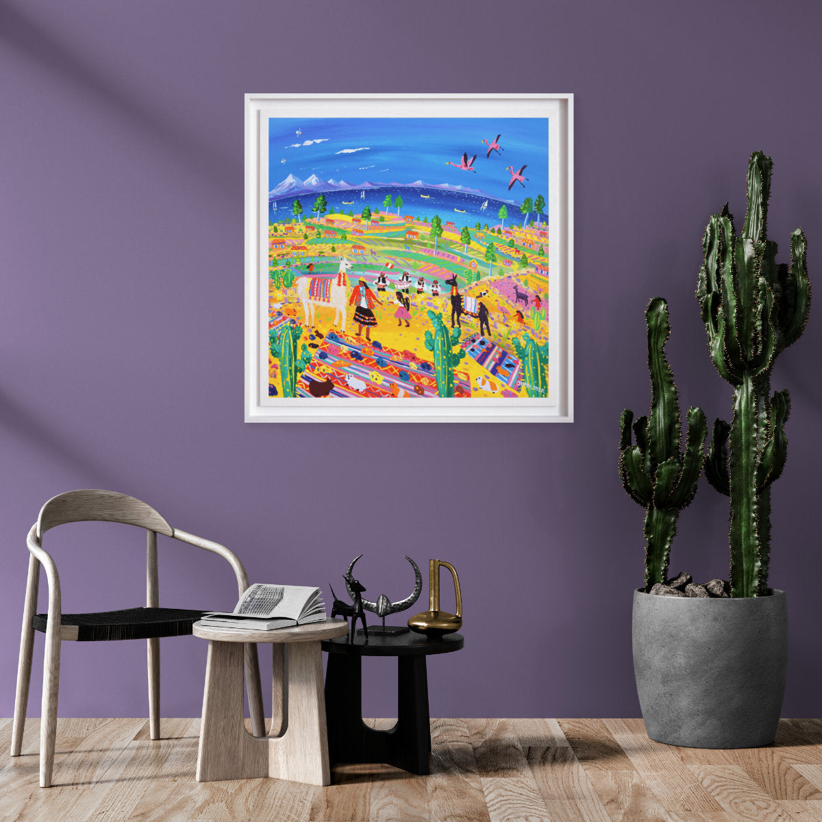 'Music and Llamas at the Potato Harvest, Taquile Island, Peru’'. 35.5 x 35.5 inches acrylic on canvas. Painting of Peru by John Dyer