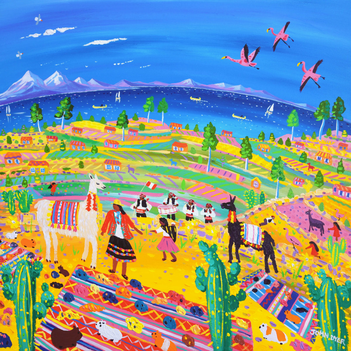 'Music and Llamas at the Potato Harvest, Taquile Island, Peru’'. 35.5 x 35.5 inches acrylic on canvas. Painting of Peru by John Dyer