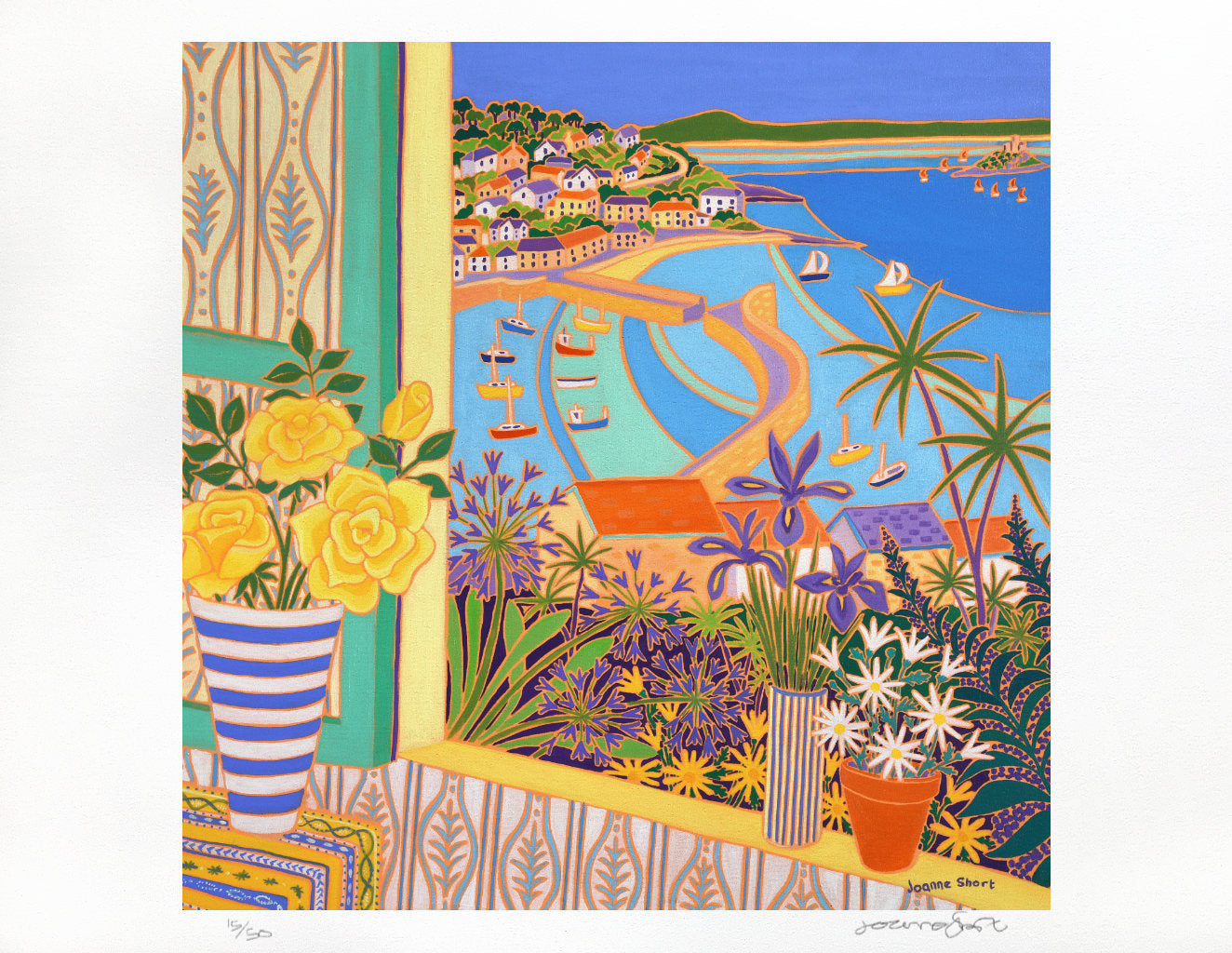 Limited Edition Print by Cornish Artist Joanne Short. 'Roses in the Window, Mousehole'. Cornwall Art Gallery Print