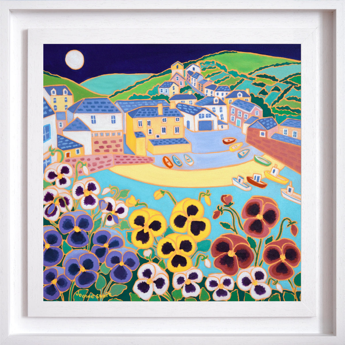 'Moonlit Pansies on the Wall, Port Isaac',  18x18 inches oil on canvas. Painting by Cornish Artist Joanne Short