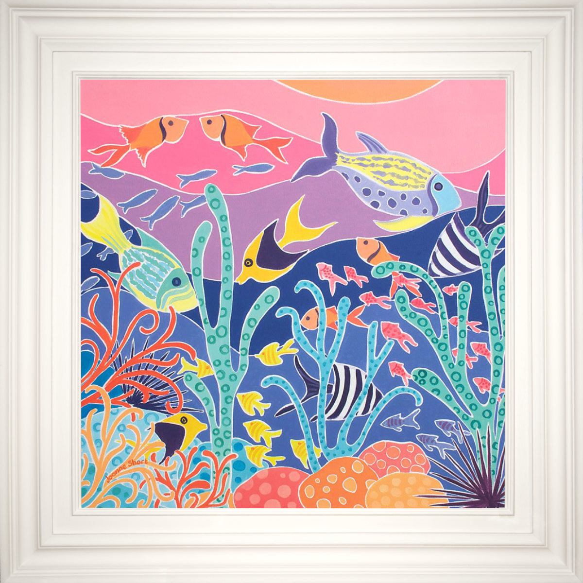 Original Painting by Joanne Short. 'Stripy Swimmers', Tropical Fish Musée Océanographique Monaco. 24 x 24 inches oil on canvas