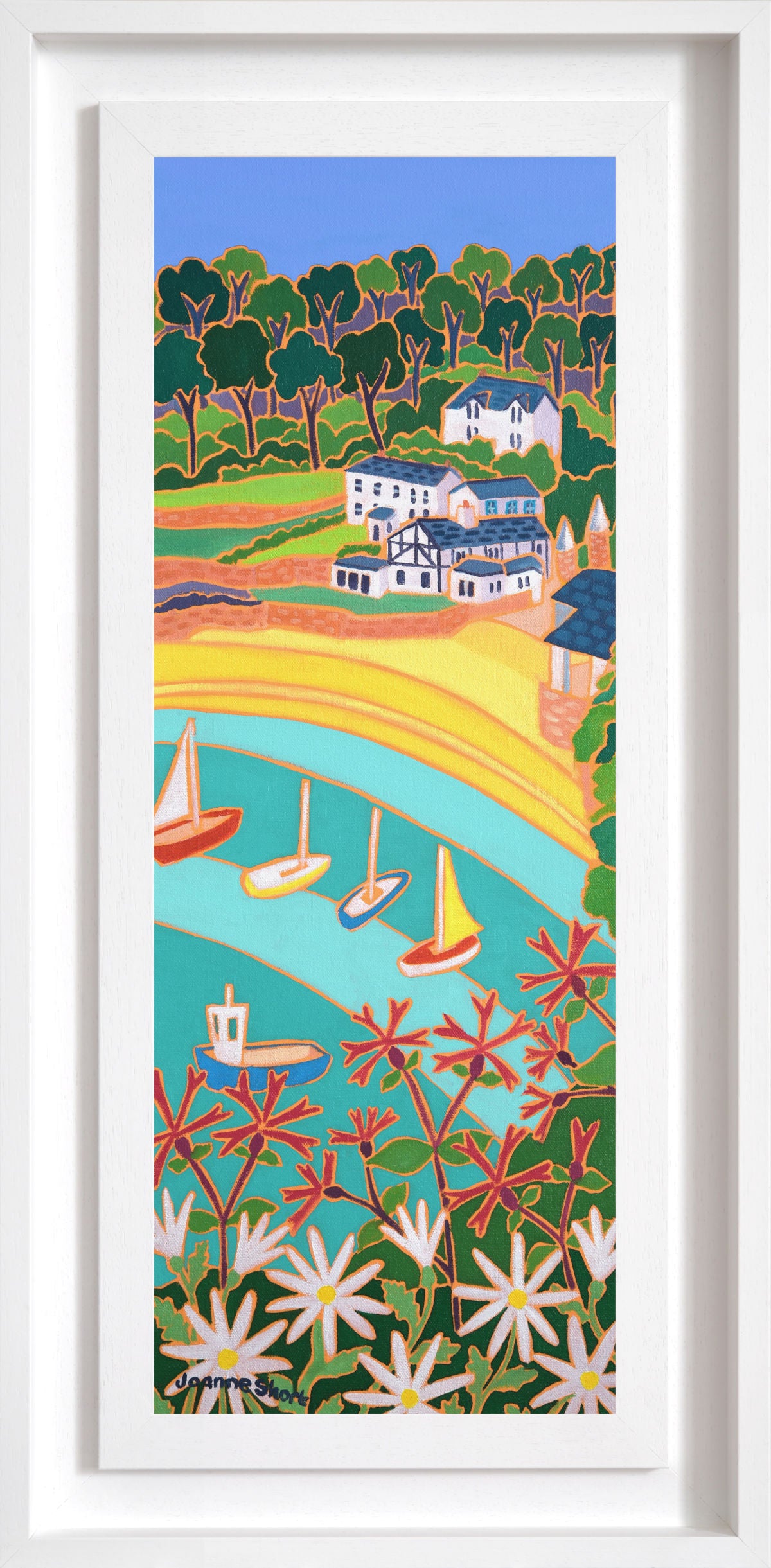 'Dinghies and Daisies, Readymoney Cove, Fowey',  24 x 9 inches oil on canvas. Painting by Cornish Artist Joanne Short