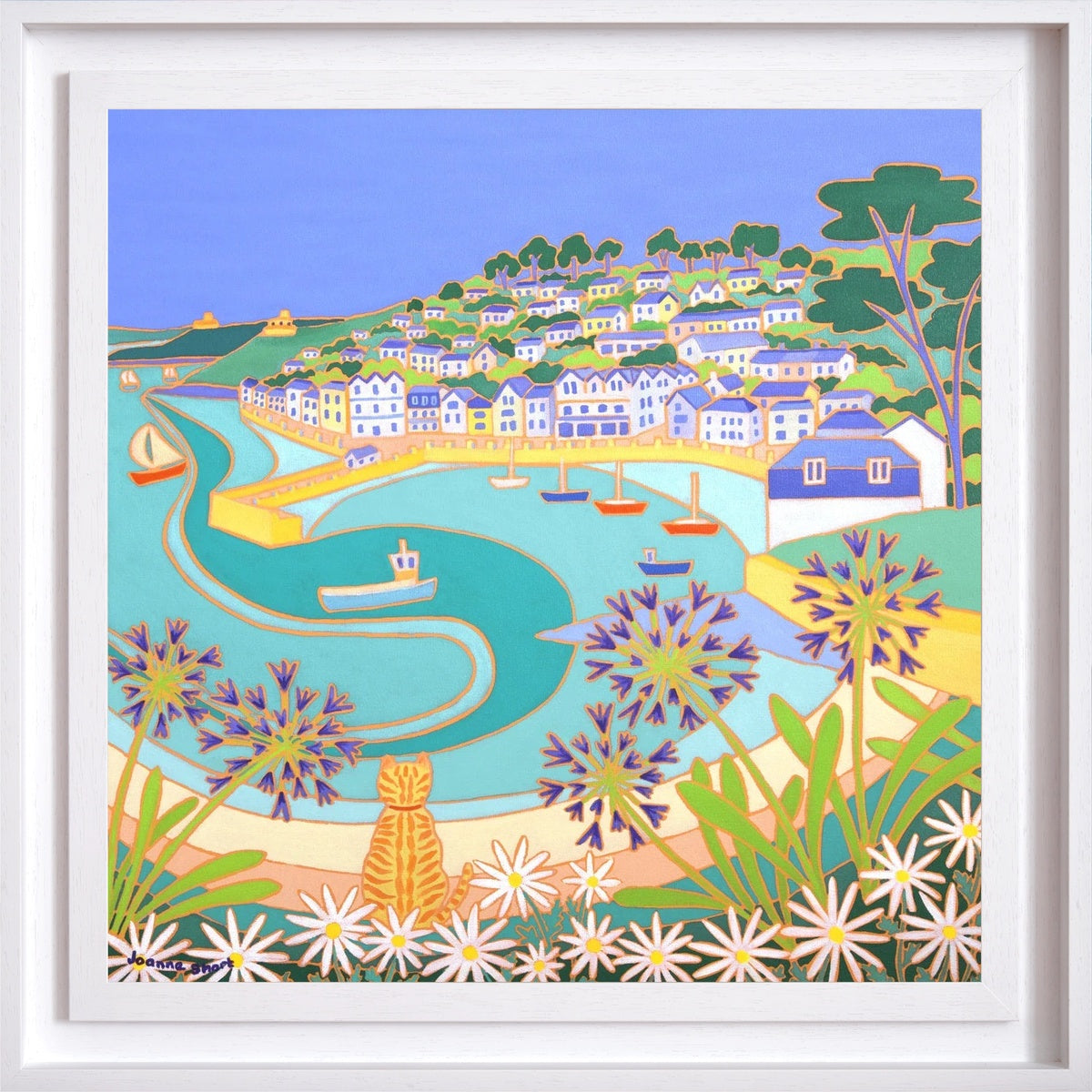 'Ginger Cat on the Wall, St Mawes’. 24x24 inches oil on canvas. Painting of Cornwall by Cornish Artist Joanne Short. Joanne Short