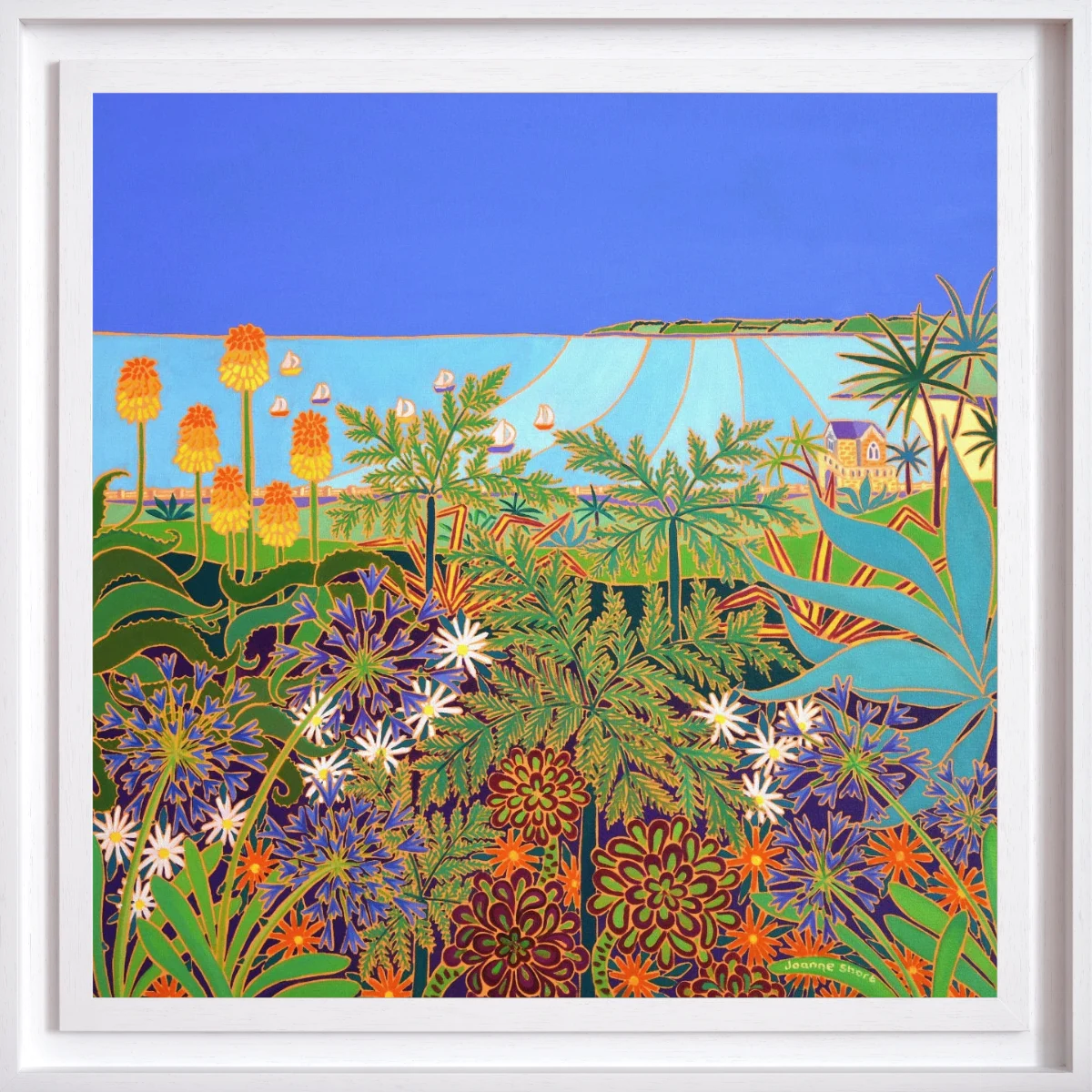 Colourful tropical landscape with plants and flowers in a white frame. 'Seaside View from Gyllyngdune Gardens, Falmouth', 30x30 inches oil on canvas. Painting by Cornish Artist Joanne Short.