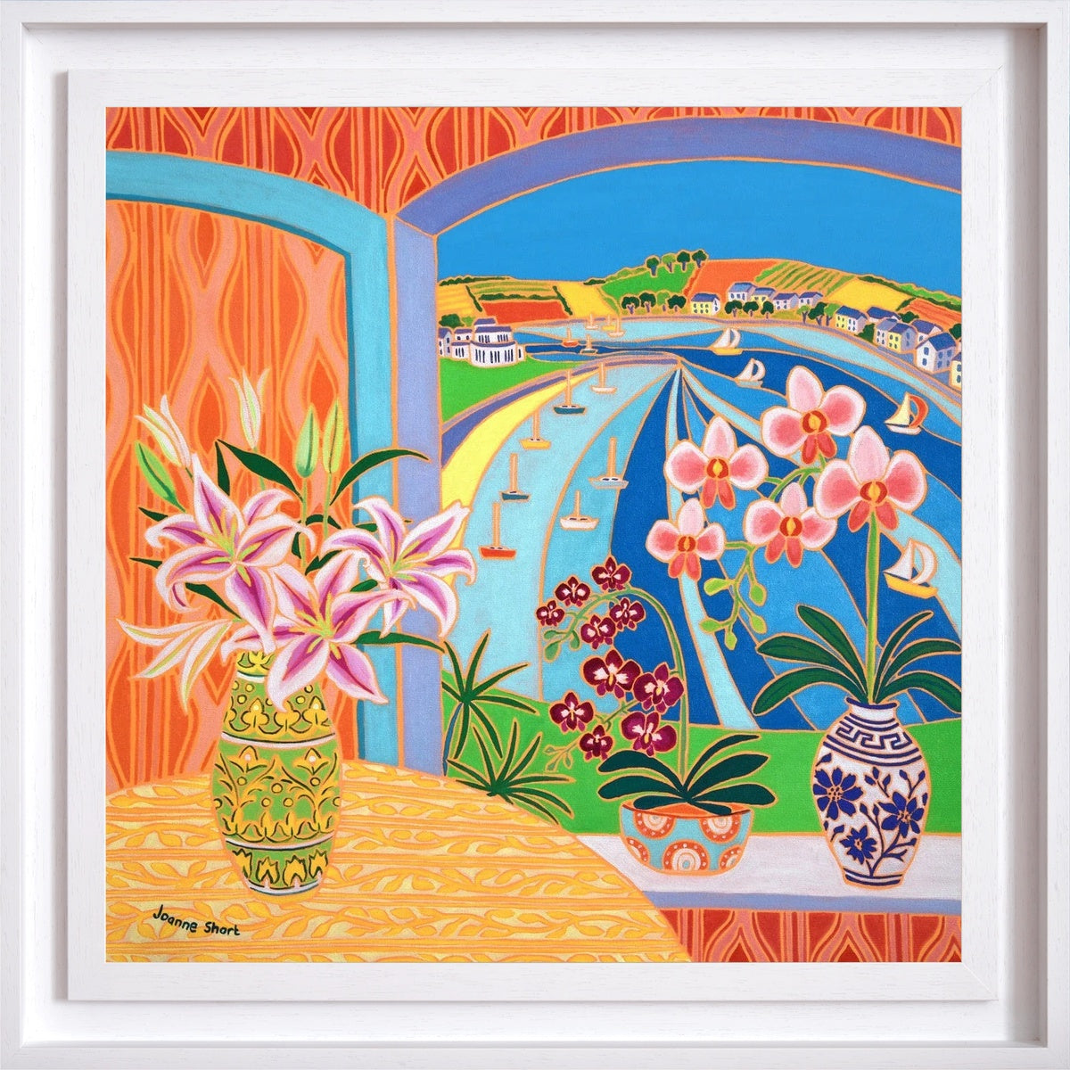 'Lilies and Orchids, Greenbank, Falmouth’. 24x24 inches still life oil on canvas. Garden Painting of Cornwall by Cornish Artist Joanne Short Joanne Short