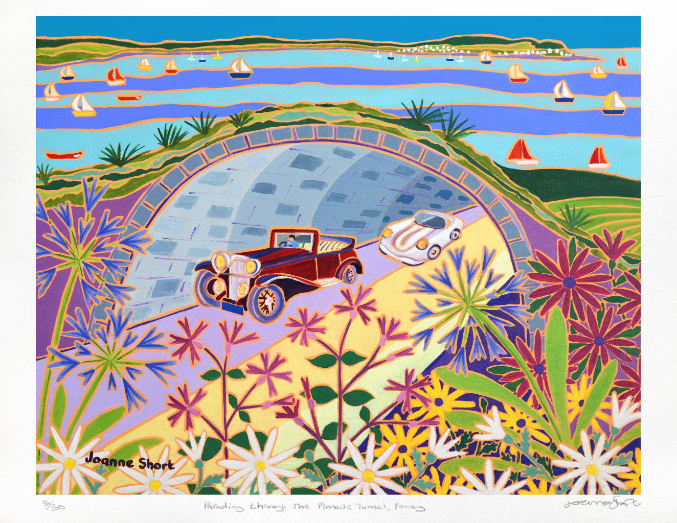 Joanne Short Signed Limited Edition Print 'Parading through the Pinnock Tunnel, Fowey', Fowey Classic Car Parade