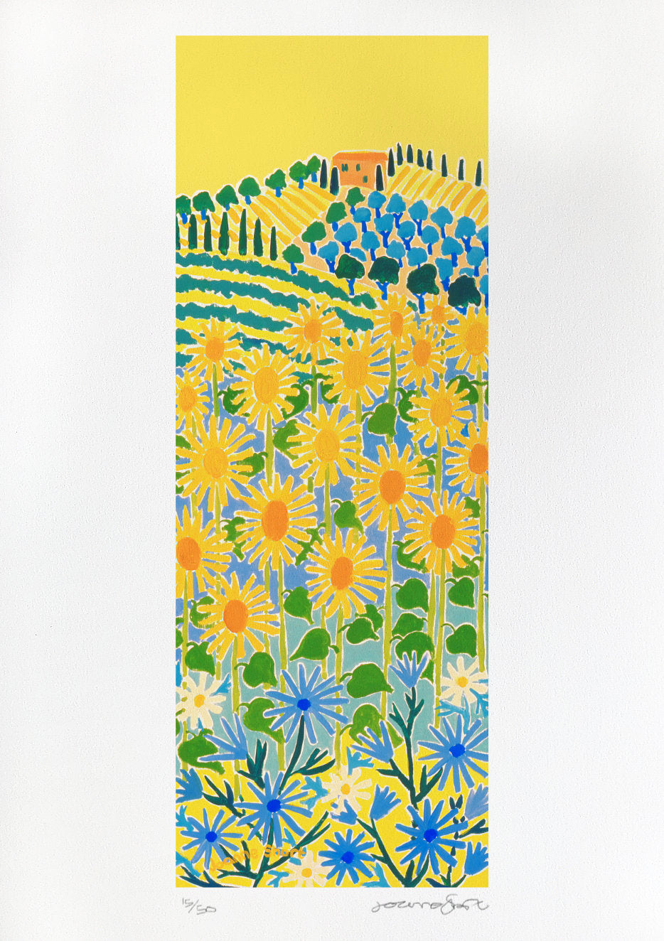 Signed Limited Edition Print by British Artist Joanne Short. 'Hot Yellow Sky and Sunflowers'. Italian Sunflower Art Gallery Print