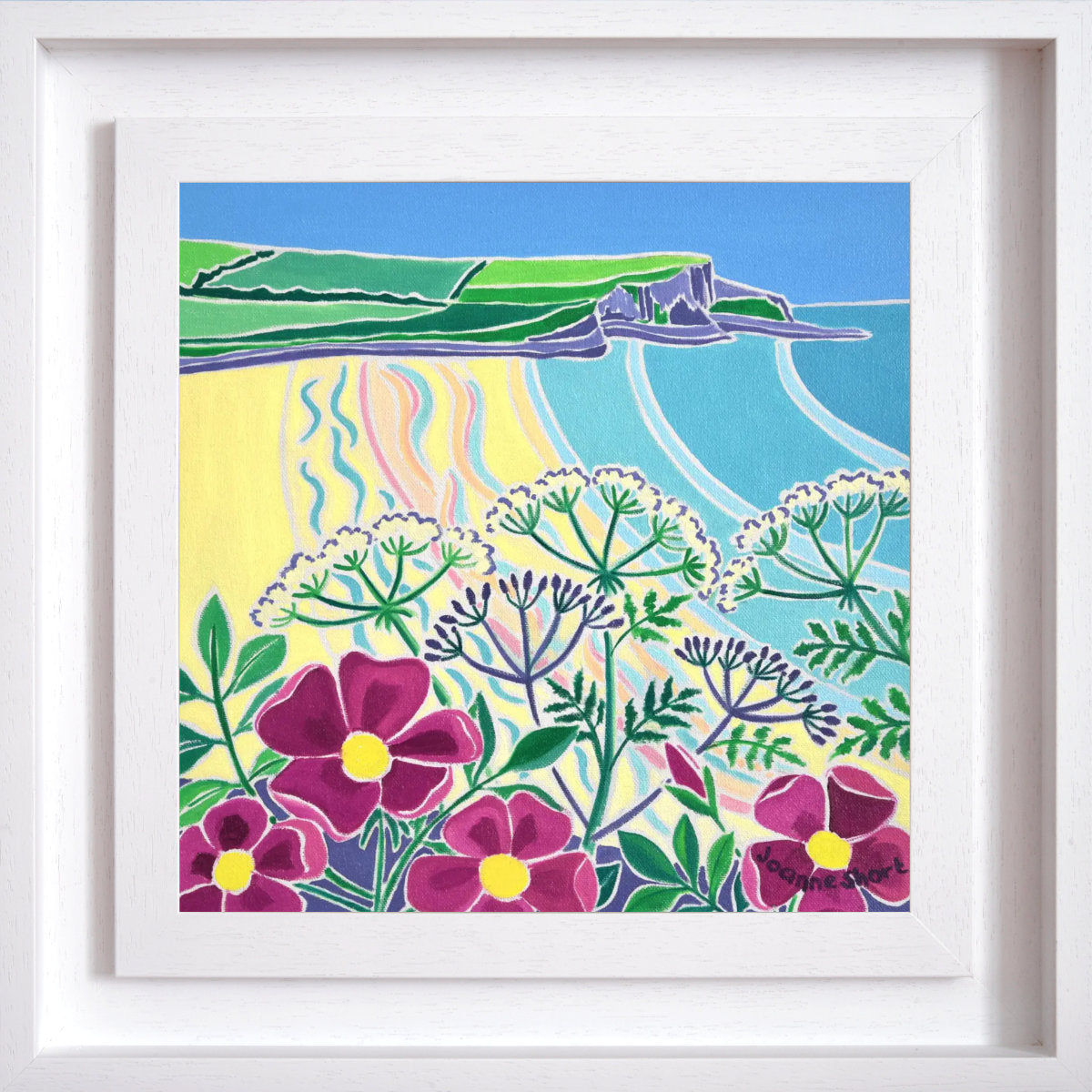 'Wild Roses on the Headland, Mawgan Porth'. 12x12 inches Original Oil Painting on Canvas by Cornish Artist Joanne Short