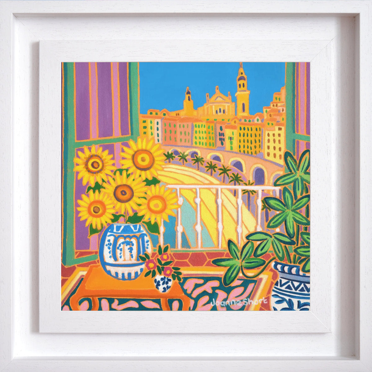 ‘Sunflowers in a Sunny Room, Menton, France’ painting by Joanne Short showing sunflowers in a French interior with balcony, Menton old town and palm-lined beach beyond.