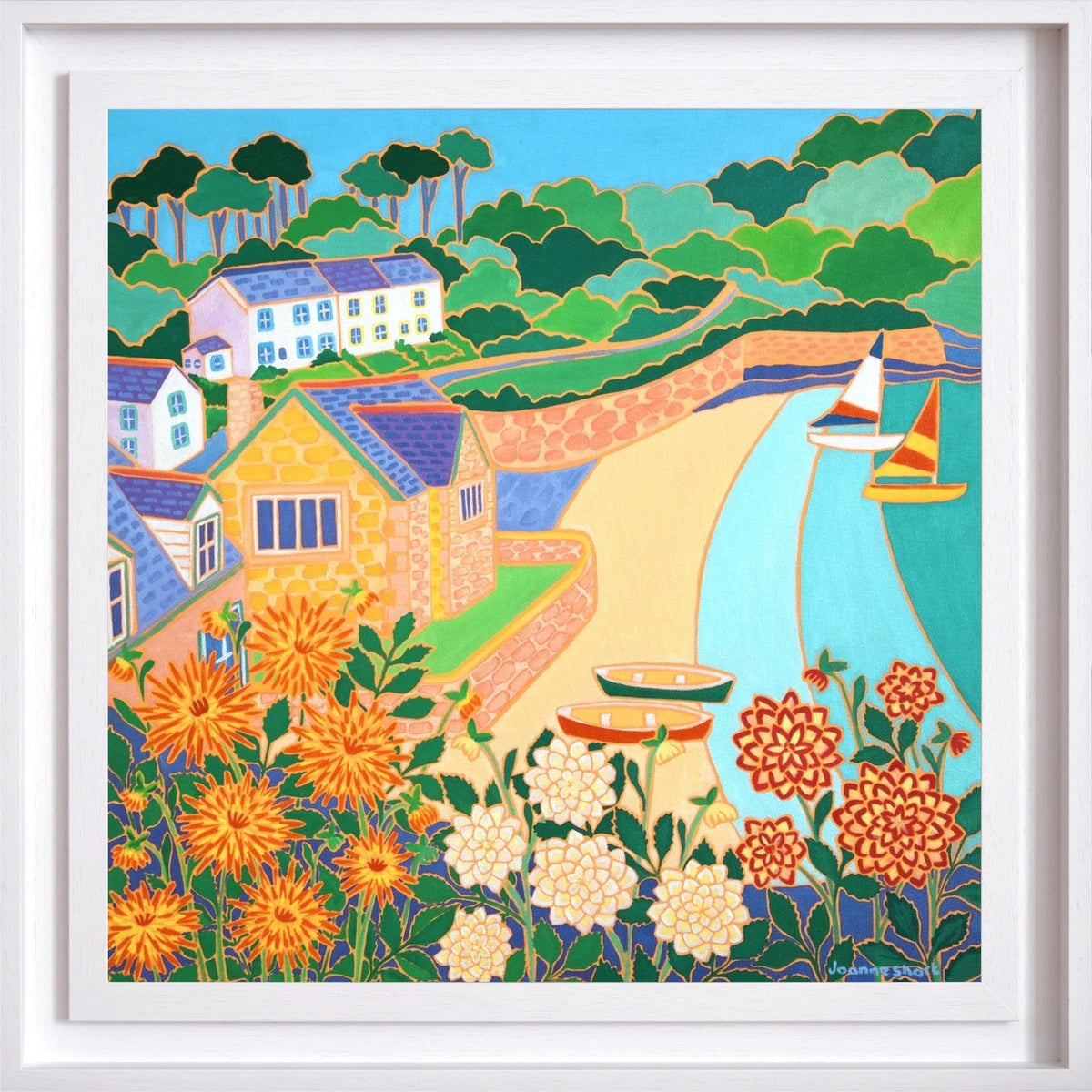 'Dahlias and Dinghies, Durgan’. 24x24 inches oil on canvas. Original Painting of Cornwall by Cornish Artist Joanne Short
