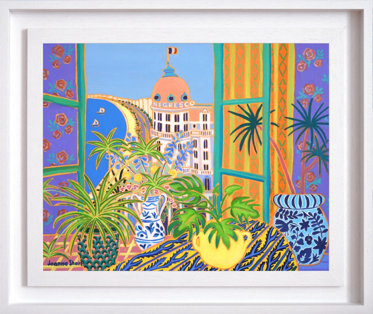 ‘Bohemian Room, Nice, France’ painting by Joanne Short showing patterned shutters, houseplants in ceramics, a patterned tablecloth and the Hotel Negresco with the bay of Nice.