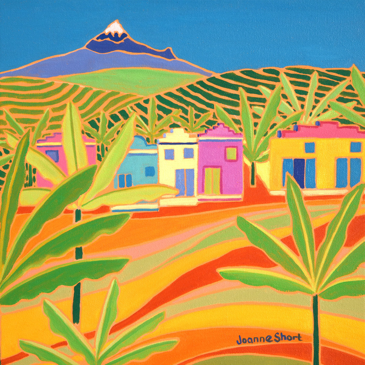 &#39;Banana Plants and Tea Plantations, Mount Kenya&#39;, 12x12 inches oil on canvas. Painting by British Artist Joanne Short.
