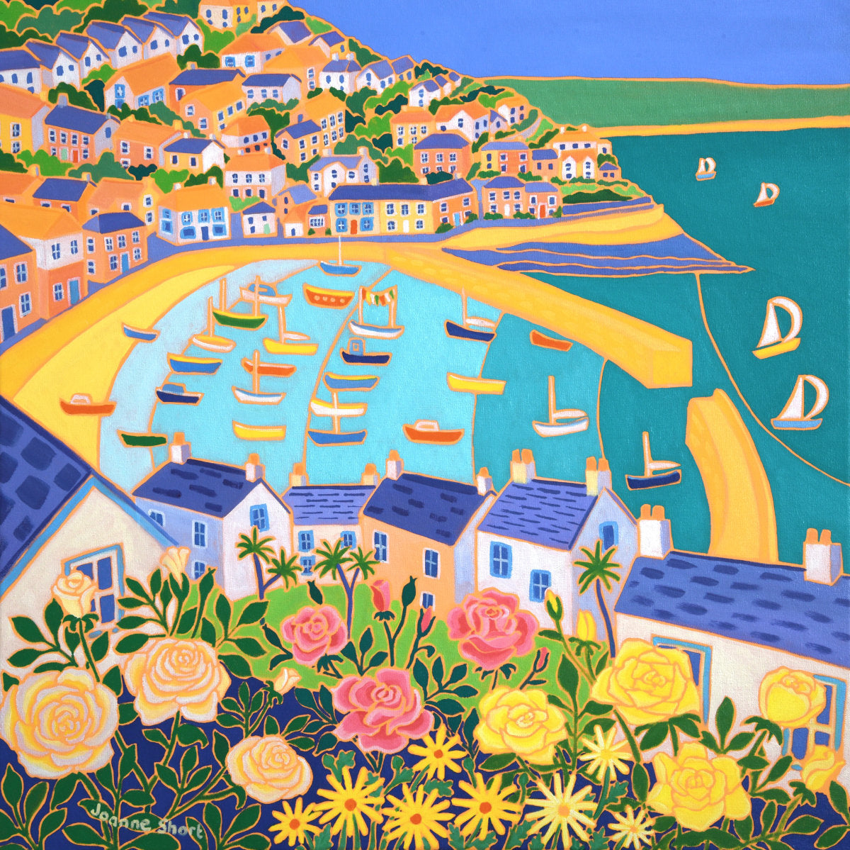 'Cottage Rose Garden, Mousehole’. 24x24 inches oil on canvas. Painting of Cornwall by Cornish Artist Joanne Short