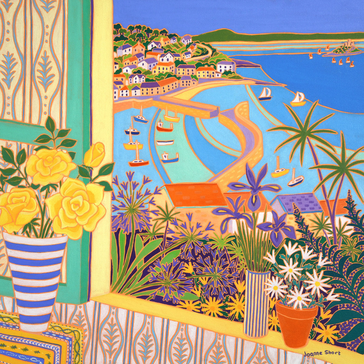 Limited Edition Print by Cornish Artist Joanne Short. 'Roses in the Window, Mousehole'. Cornwall Art Gallery Print