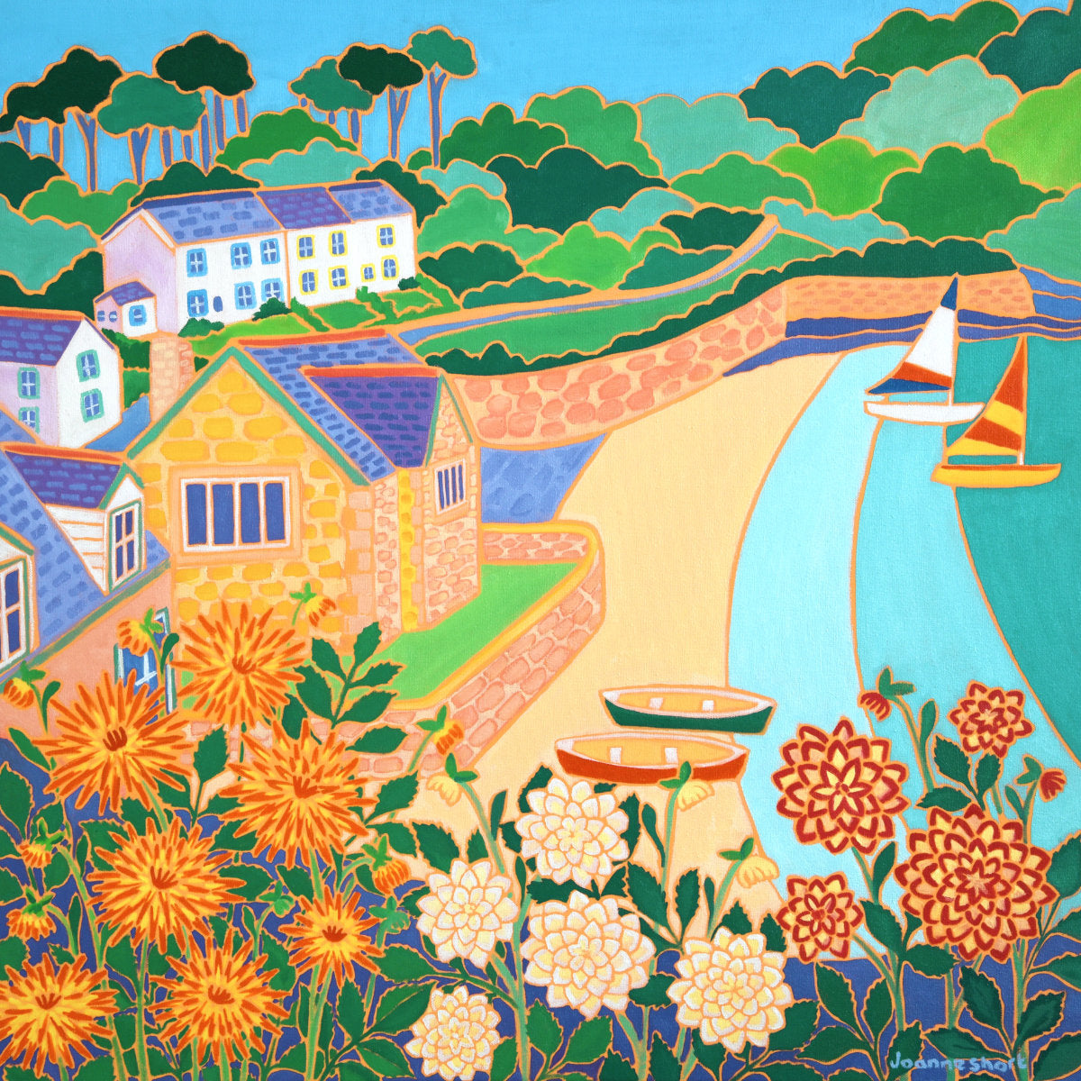 &#39;Dahlias and Dinghies, Durgan’. 24x24 inches oil on canvas. Painting of Cornwall by Cornish Artist Joanne Short