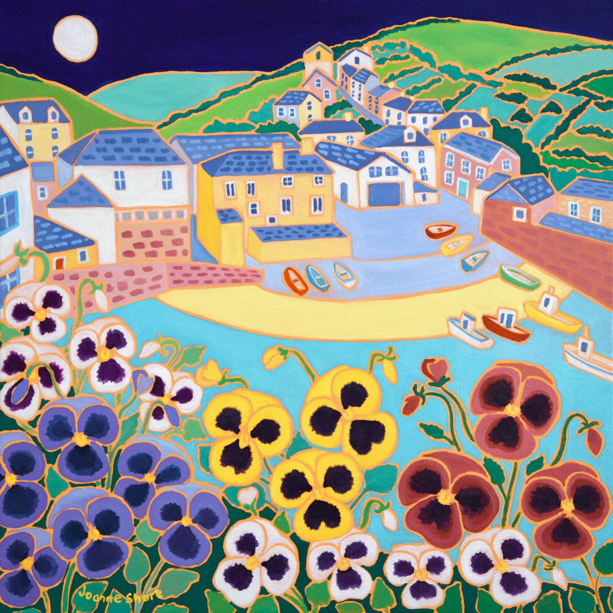 &#39;Moonlit Pansies on the Wall, Port Isaac&#39;,  18x18 inches oil on canvas. Painting by Cornish Artist Joanne Short