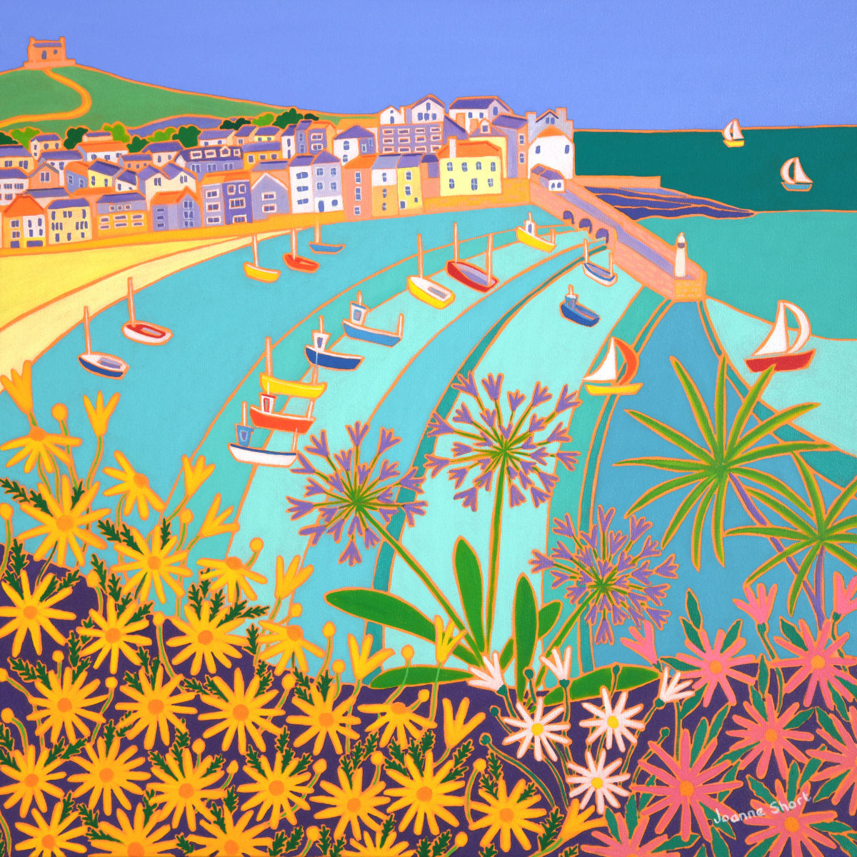 &#39;Sunny Seaside flowers, St Ives’. 24x24 inches oil on canvas. Garden Painting of Cornwall by Cornish Artist Joanne Short from our Cornwall Art Gallery