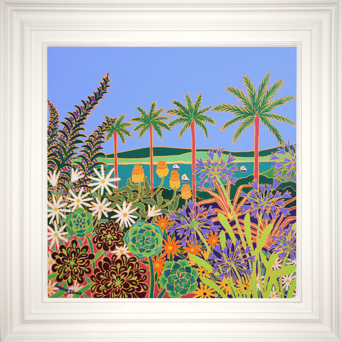 Colorful tropical scene with palm trees, flowers, and plants in a white frame. 'Botanical Symphony, Tresco Abbey Gardens’. 24x24 inches oil on canvas. Painting of Cornwall by Cornish Artist Joanne Short
