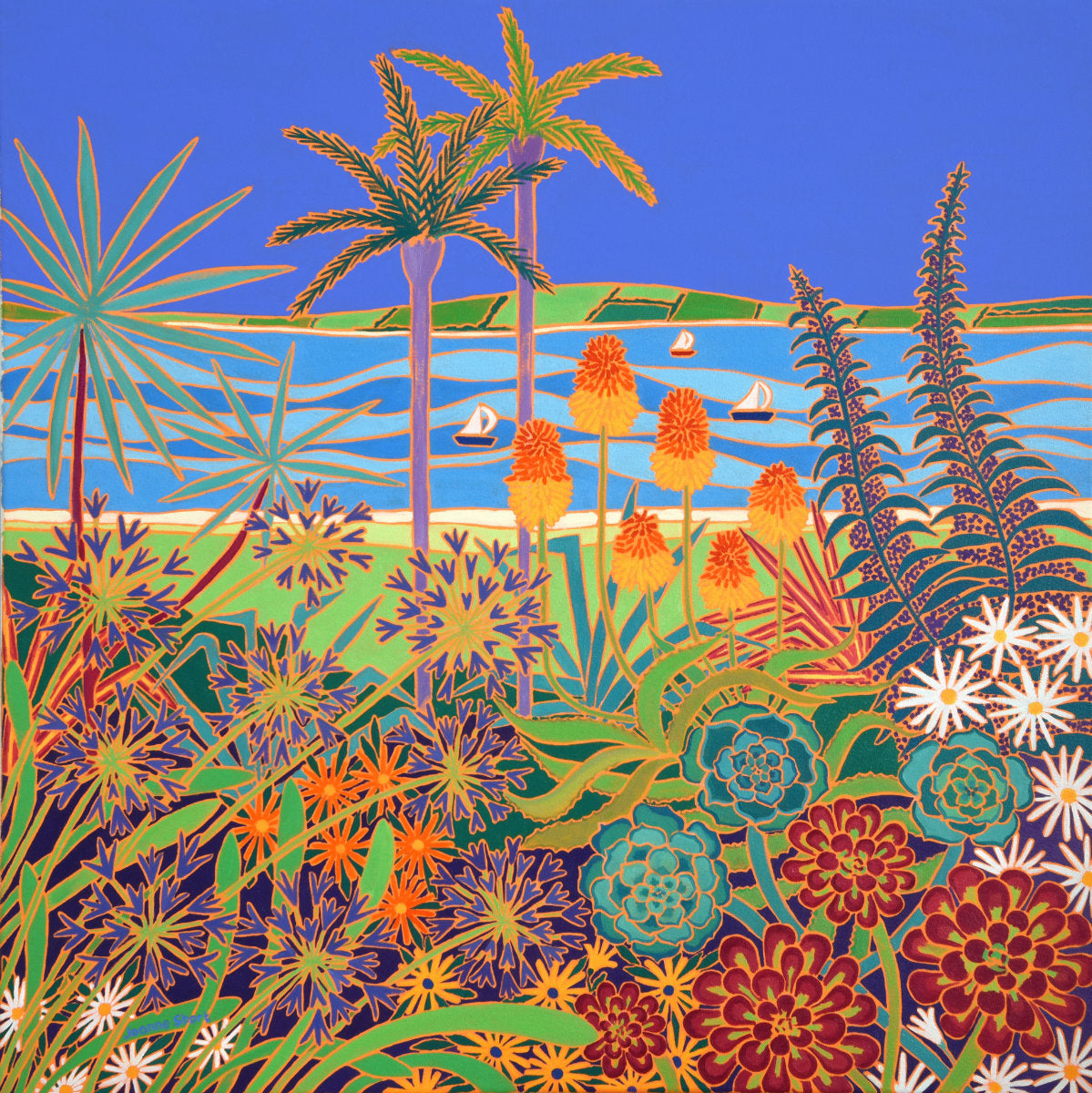 'A Garden of Colourful Delights, Tresco', 80x80 cm oil on canvas. Painting by Cornish Artist Joanne Short. Cornish Art from our Cornwall Art Gallery