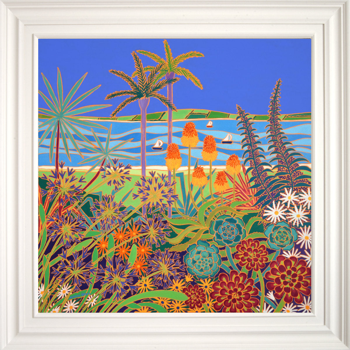 'A Garden of Colourful Delights, Tresco', 80x80 cm oil on canvas. Painting by Cornish Artist Joanne Short. Cornish Art from our Cornwall Art Gallery