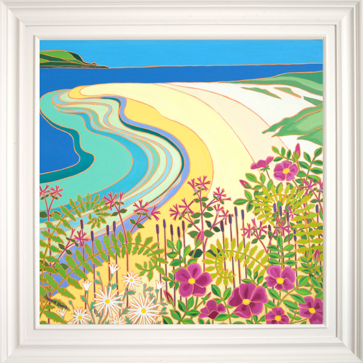 ‘Incoming Tide, Daymer Bay, The Camel Estuary’ painting by Joanne Short showing sweeping sand patterns, turquoise tide, daisies, pink coastal flowers and Brea Hill.