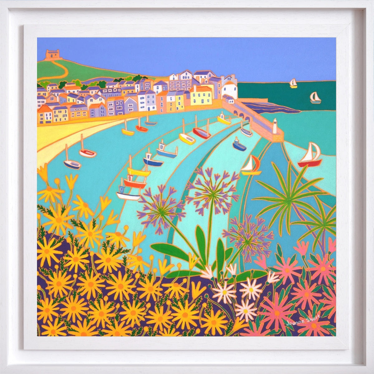 'Sunny Seaside Flowers, St Ives’. 24x24 inches oil on canvas. Garden Painting of Cornwall by Cornish Artist Joanne Short from our Cornwall Art Gallery Joanne Short