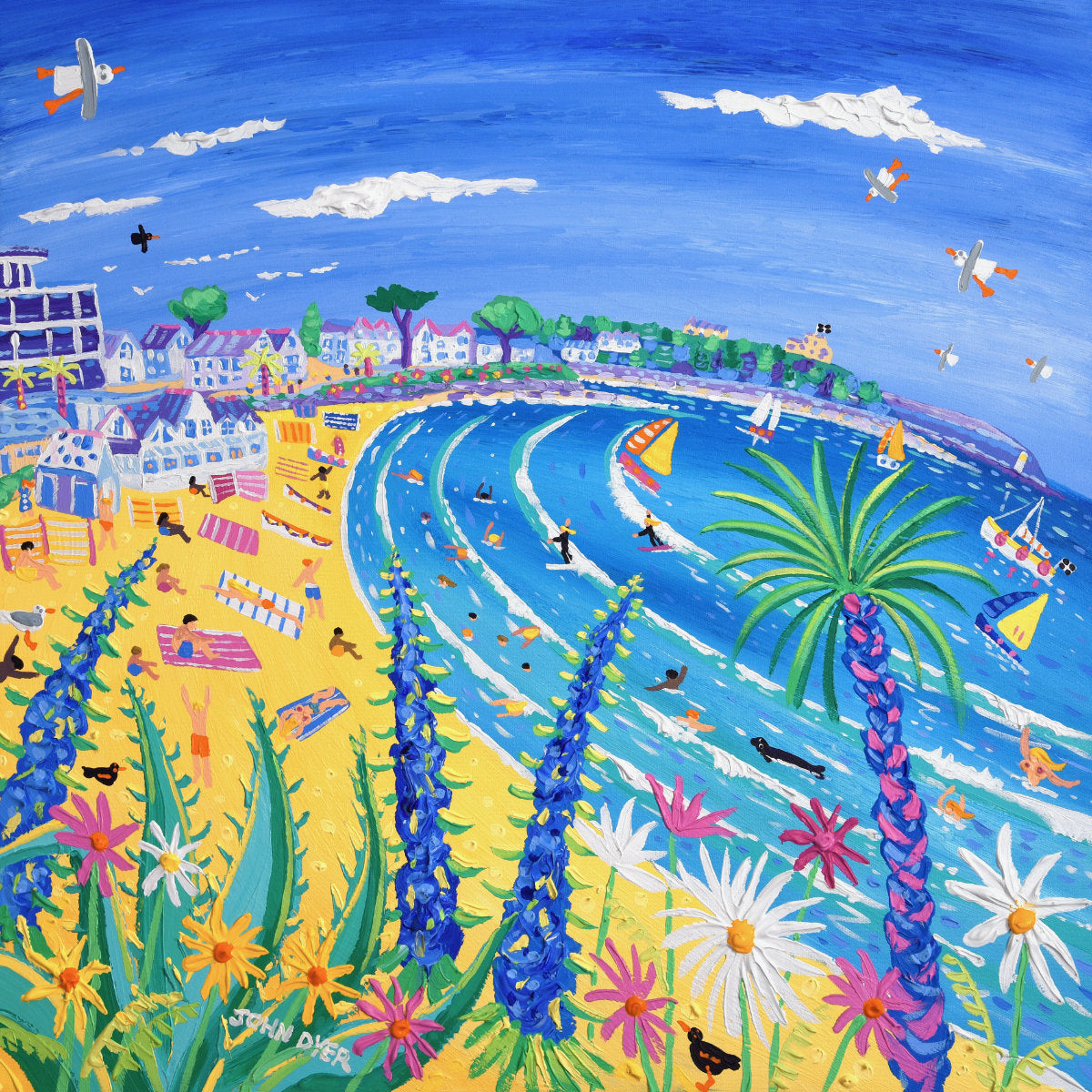 &#39;Tropical Days at Gyllyngvase Beach, Falmouth&#39;, 30 x 30 inches acrylic on canvas. Coastal Paintings of Cornwall by Cornish Artist John Dyer