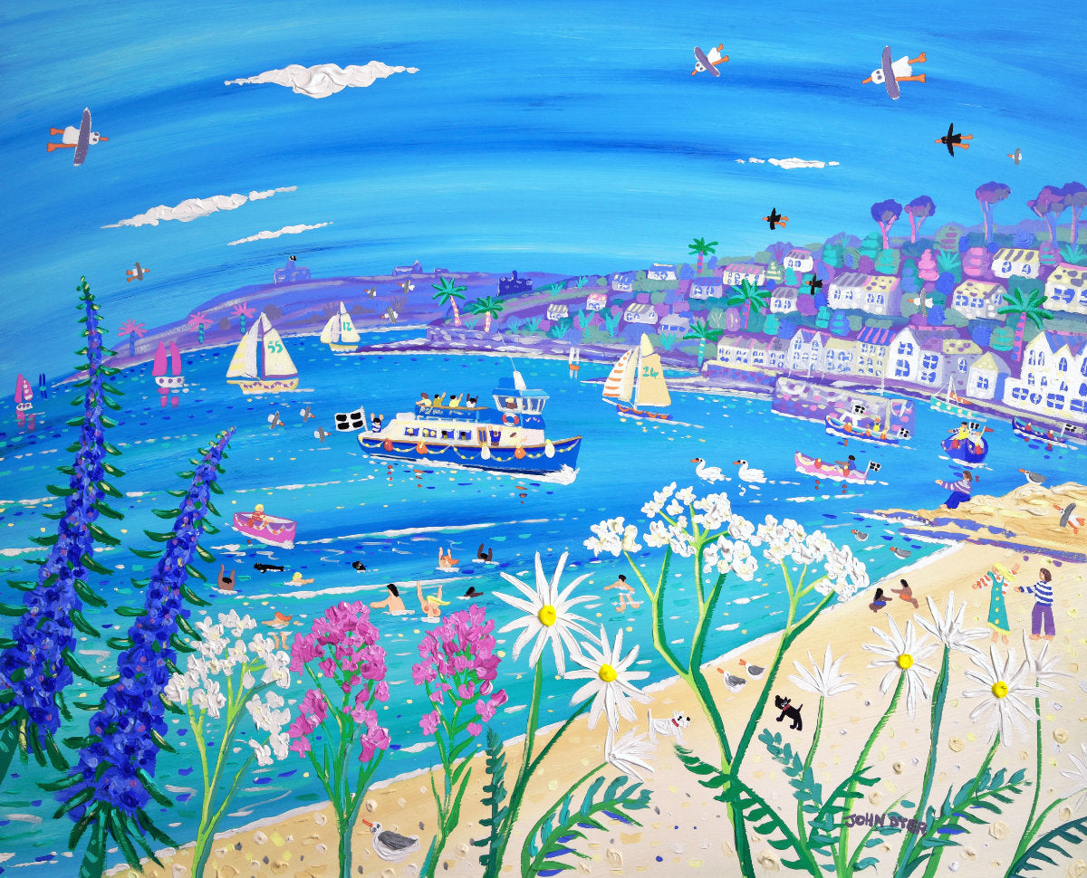 'Boats in the Morning Light, St Mawes'. 33x40 inches original art acrylic on board. Paintings of Cornwall by Cornish Artist John Dyer. Cornwall Art Gallery