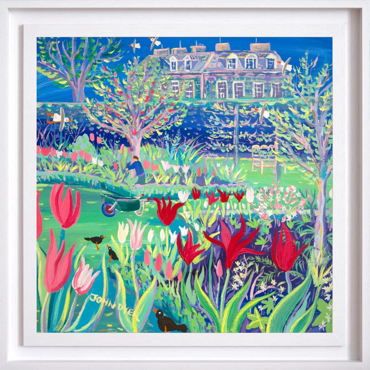 Colorful garden scene with flowers and a house in the background, framed in white. Original acrylic painting by John Dyer of the flower garden at Antony House in Cornwall, with red and white tulips, a gardener, wheelbarrow and Antony House beyond the hedge.