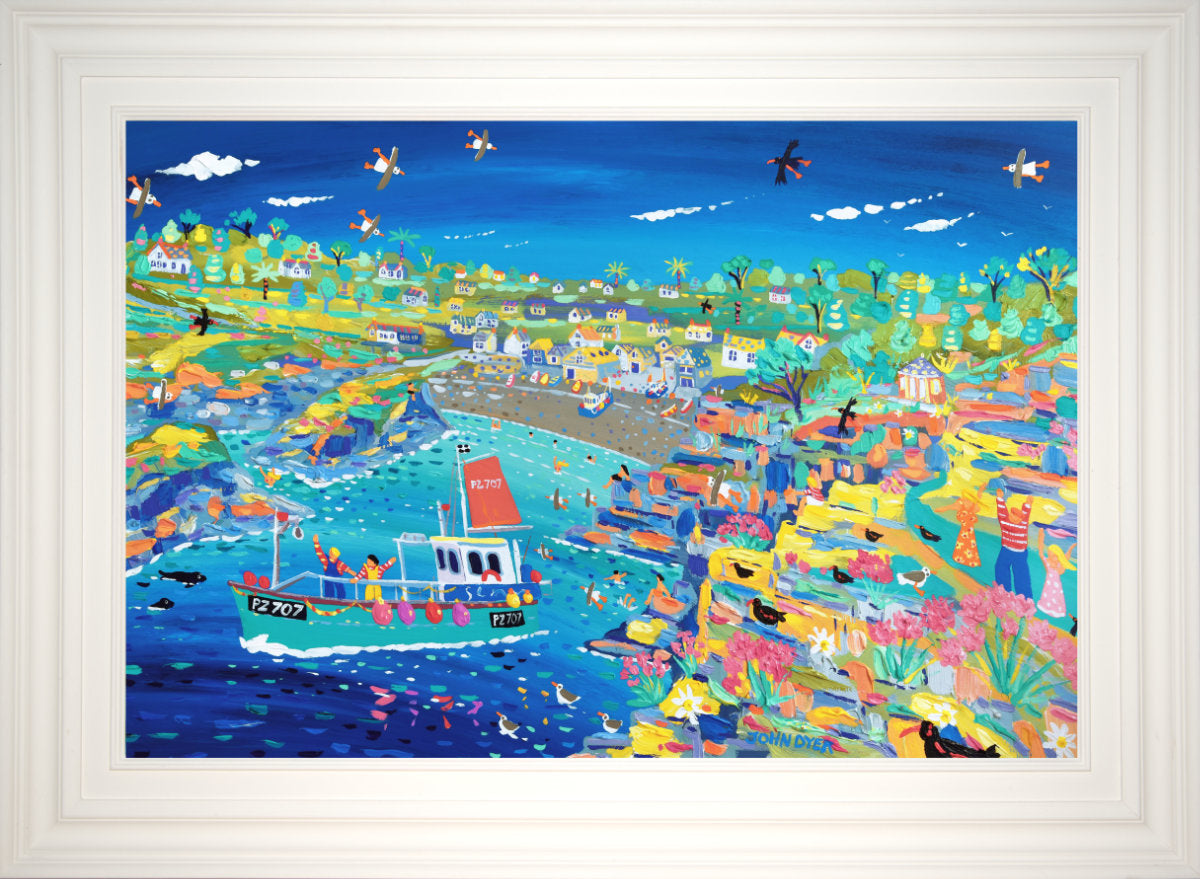 'Cadgwith Choughs and Colourful Cornish Sea', 24x36 inches acrylic on board. Cornwall Art Gallery Painting by Cornish Artist John Dyer