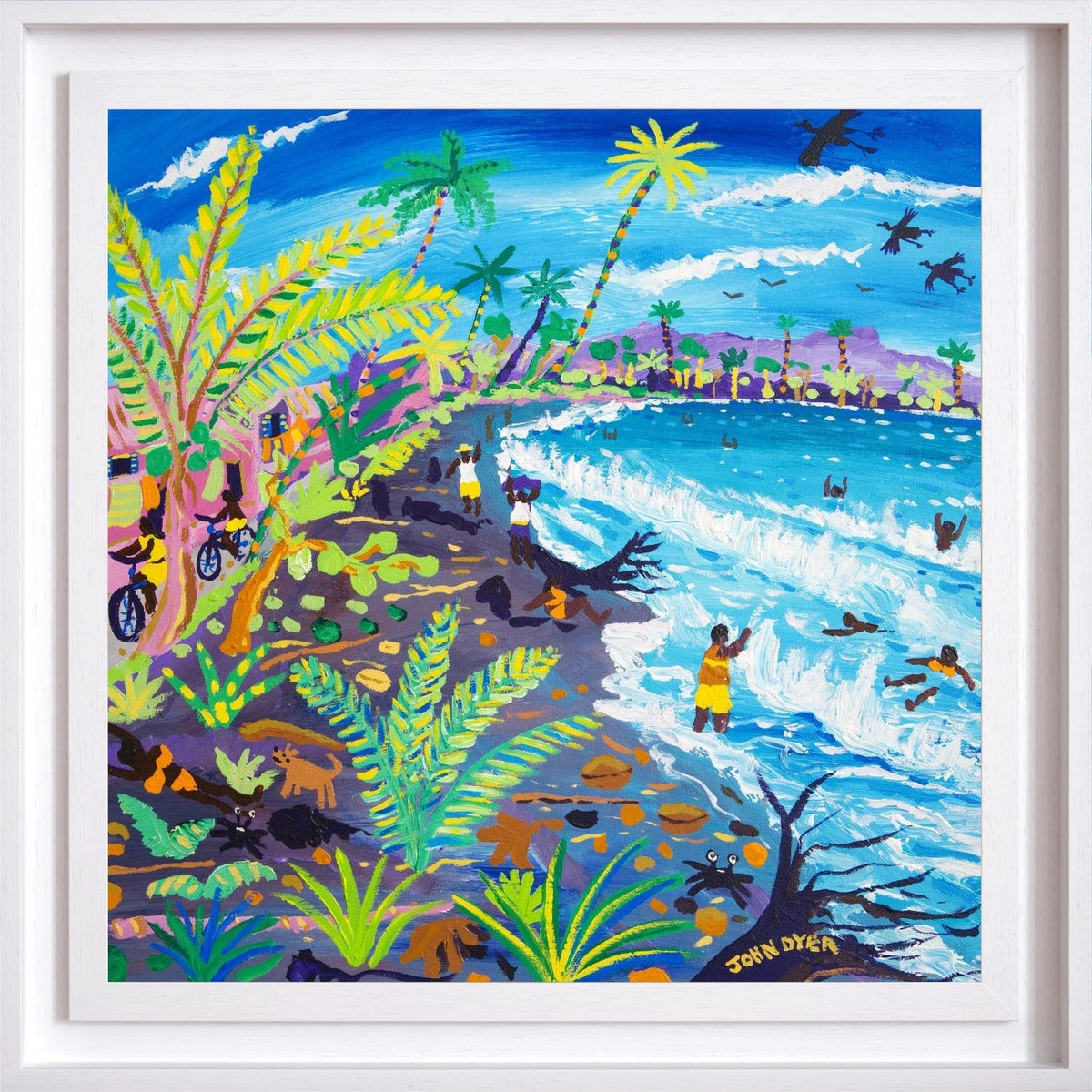 Original acrylic painting by John Dyer of Caribbean beach life in Costa Rica, with palm trees, tropical foliage, rolling surf, swimmers, cyclists, birds and dogs.