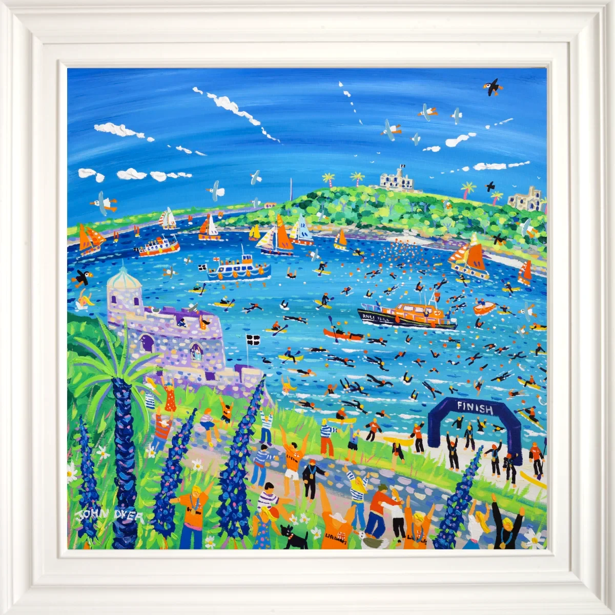 Original acrylic painting by Cornish artist John Dyer showing the Castle to Castle Swim from Falmouth to St Mawes, with swimmers, an RNLI boat, sailing boats, castles, spectators and bright blue Cornish coastal waters.