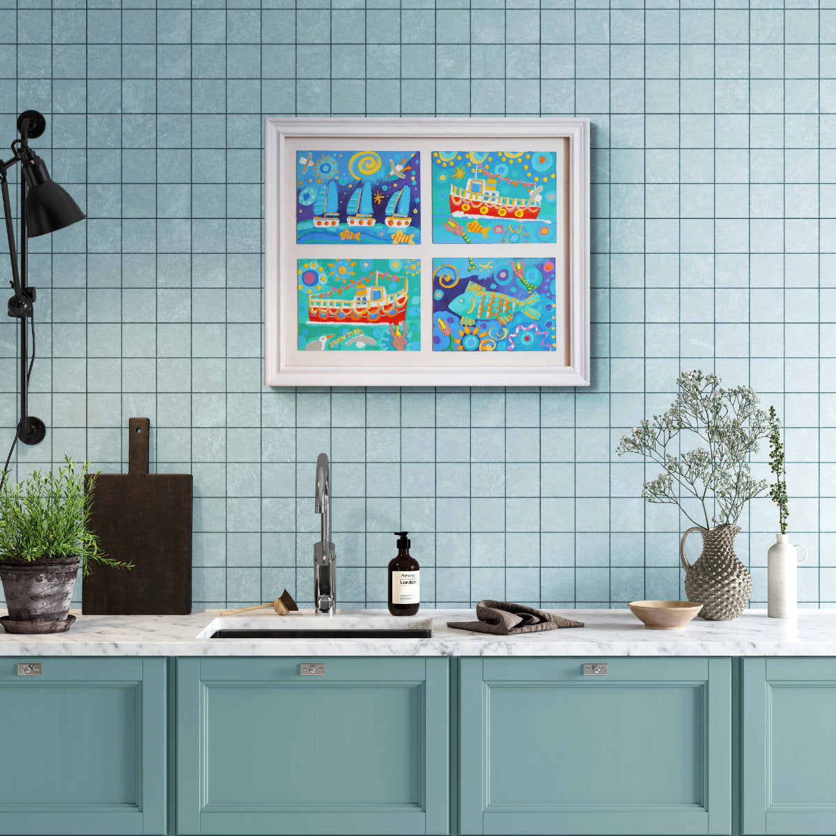 &#39;Ferries, Fish and Fun on the Water&#39;, four panels painted in acrylic measuring 25x19.5 inches in total (9x12 inches each). Coastal Painting of Cornwall by Cornish Artist John Dyer displayed in a kitchen setting