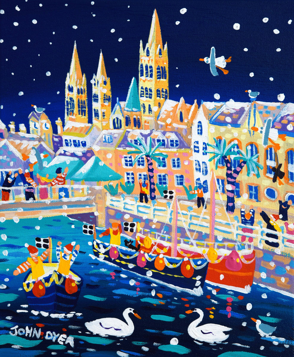 'Snowy Swans on the River, Truro Cathedral', 12x10 inches acrylic on canvas. Paintings of Cornwall. Cornish Artist John Dyer. Cornwall Art Gallery