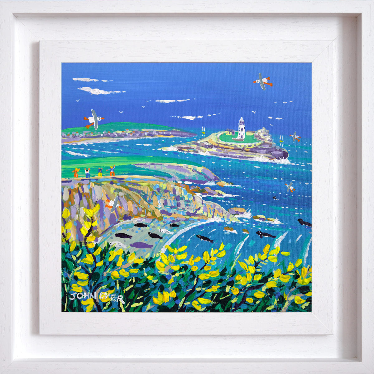 Framed painting: 'Golden Gorse and Cornish Seals, Godrevy Lighthouse', 12x12 inches acrylic on canvas. Original Painting by Cornish Artist John Dyer.